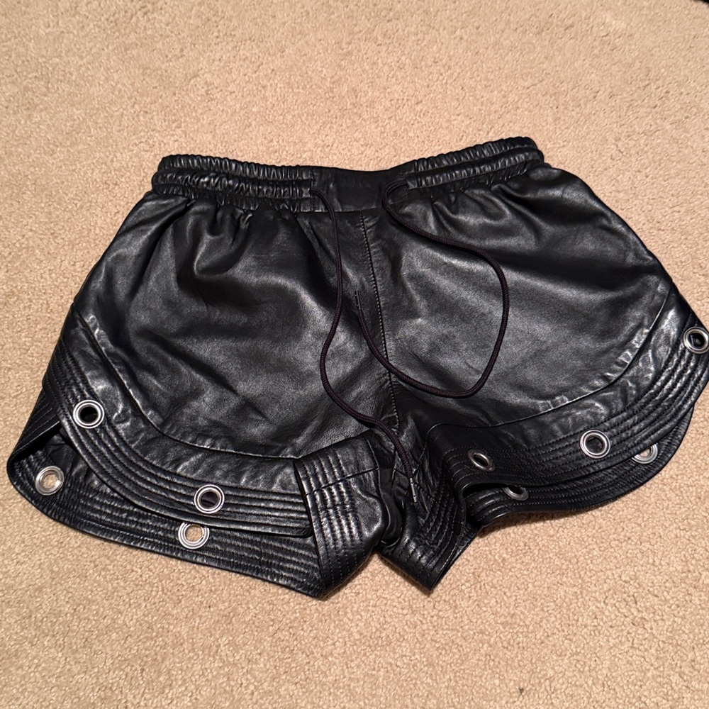 NWT R13 Black Faux Leather Eyelet-Trim Shorts